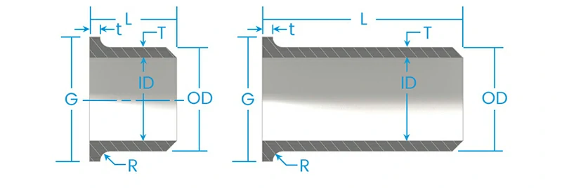 Titanium stub ends S10 and S40 standard size chart