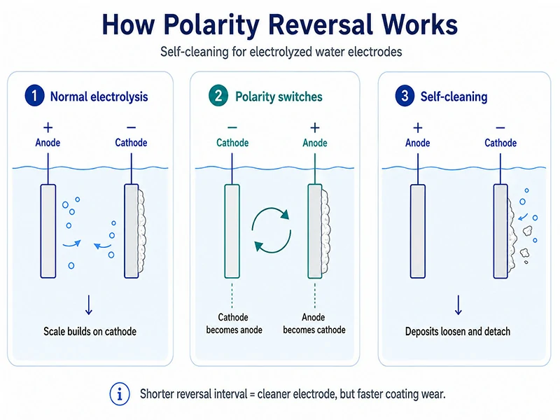 Titanium electrode polarity reversal for scale removal and longer service life