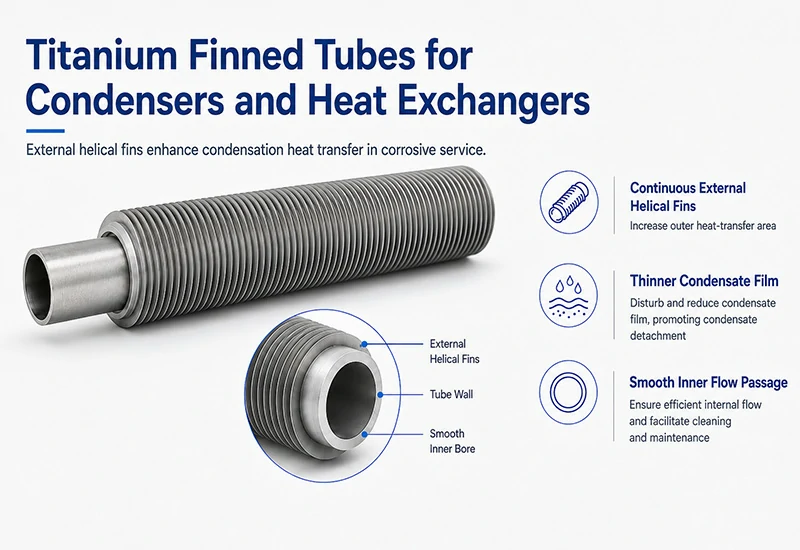 Titanium finned tube structure with external helical fins and smooth 