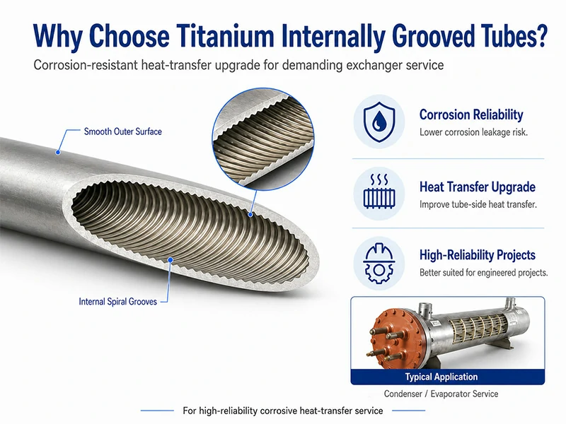 Titanium internally grooved tube with spiral grooves for condenser and evaporator heat transfer