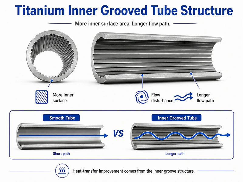 Titanium inner grooved tube structure comparing increased inner surface area and longer flow path