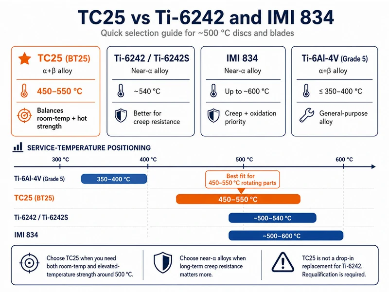 TC25, Ti-6242, IMI 834 and Ti-6Al-4V service temperature comparison